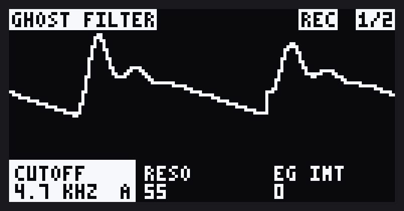 GHOST FILTER while recording: a REC label beside the page number, CUTOFF turned, an A beside it
