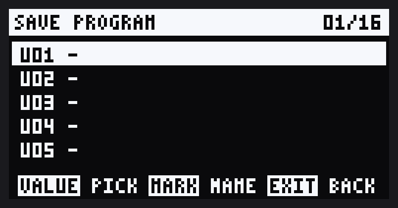 SAVE PROGRAM: 16 slots, U01 to U05 shown
