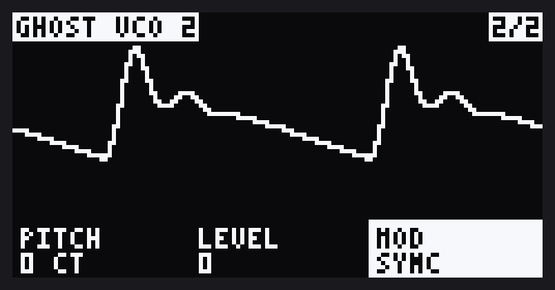 GHOST VCO 2, page 2/2: PITCH, LEVEL, MOD set to SYNC