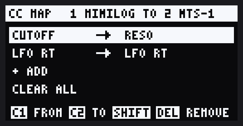 CC map from the Minilogue to the NTS-1: CUTOFF to RESO and LFO RT to LFO RT