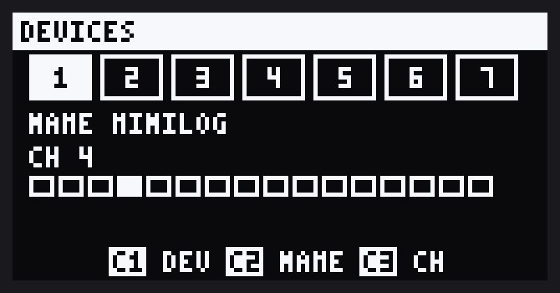 Devices view: device 1 named MINILOG on channel 4