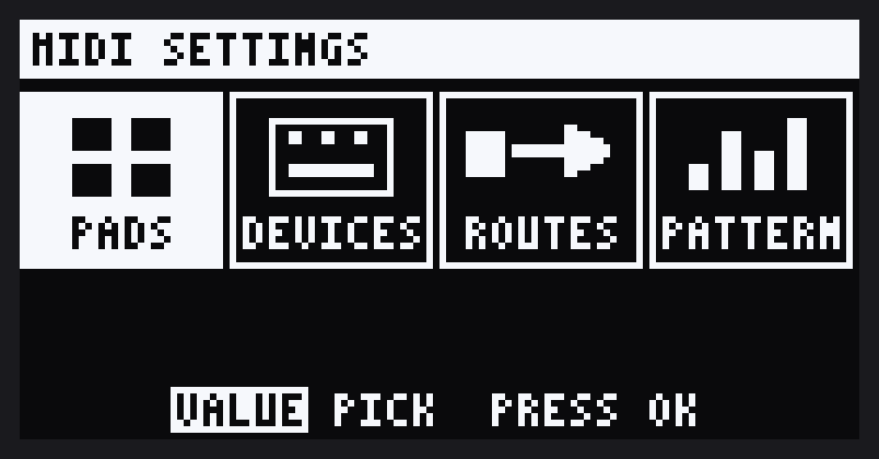 The MIDI SETTINGS menu: PADS, DEVICES, ROUTES and PATTERN