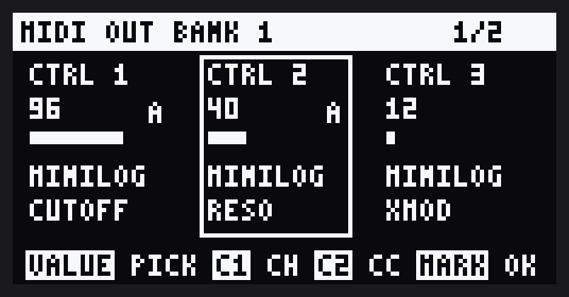 Edit mode on the MIDI page with CTRL 2 selected