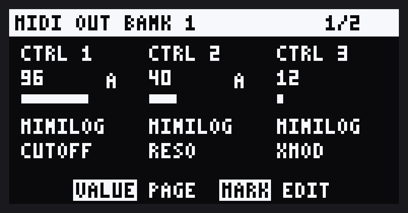 The SP's MIDI page: CTRL 1 to 3 with their values, the synth each one plays and the control it moves, by name