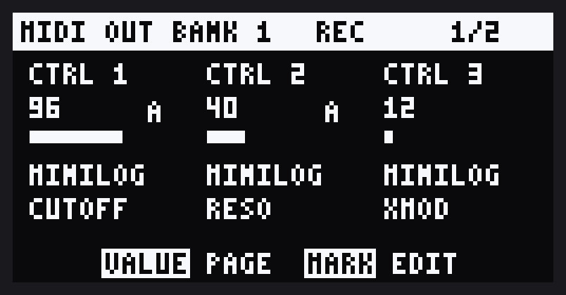 The MIDI page with REC in the title bar